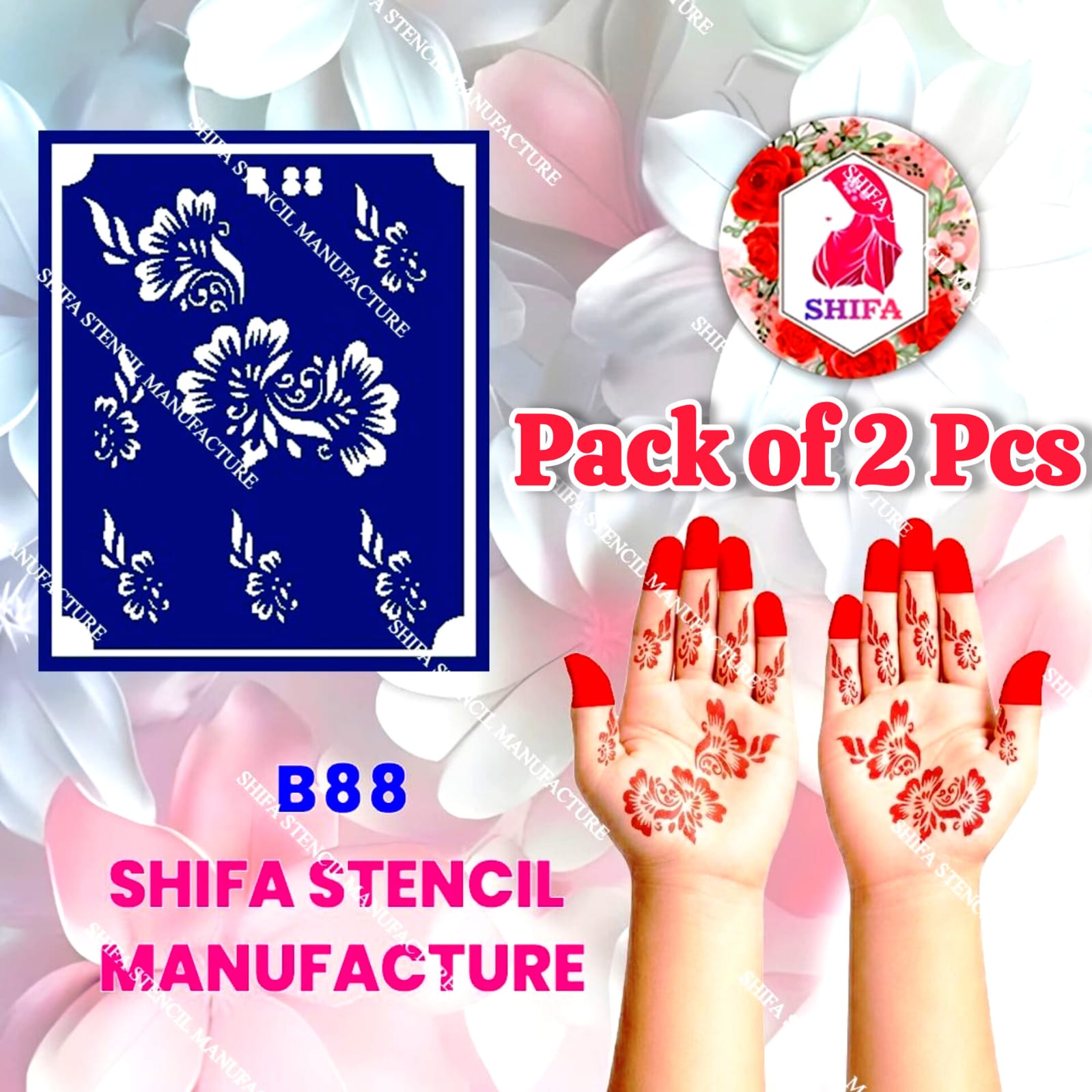 B88 (age 5 to 10) Blossom Whisper Elegance Double Hand Henna Stencil - Shifa Stencil